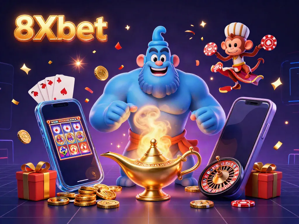 Experience the thrilling 8Xbet gaming universe with a genie, monkey, and magic carpet amidst casino elements.