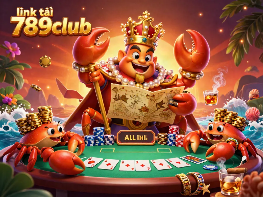 Experience the excitement with link tải 789club, showcasing a golden crab emperor surrounded by poker and gaming elements.