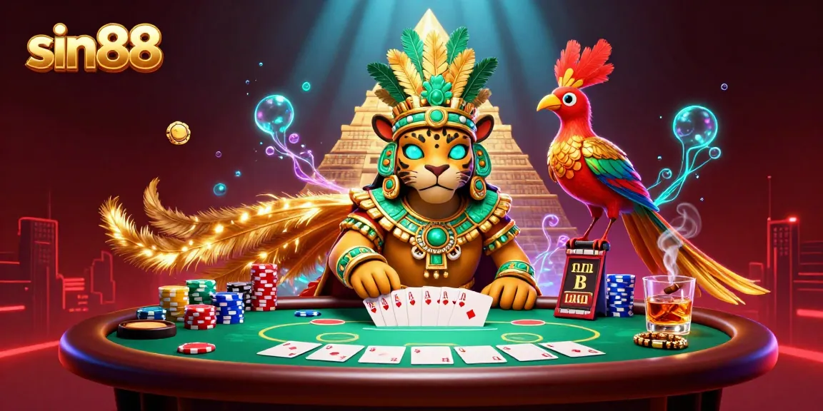 Engage with sin88 at a vibrant casino scene featuring a Mayan jaguar priest and poker highlights.