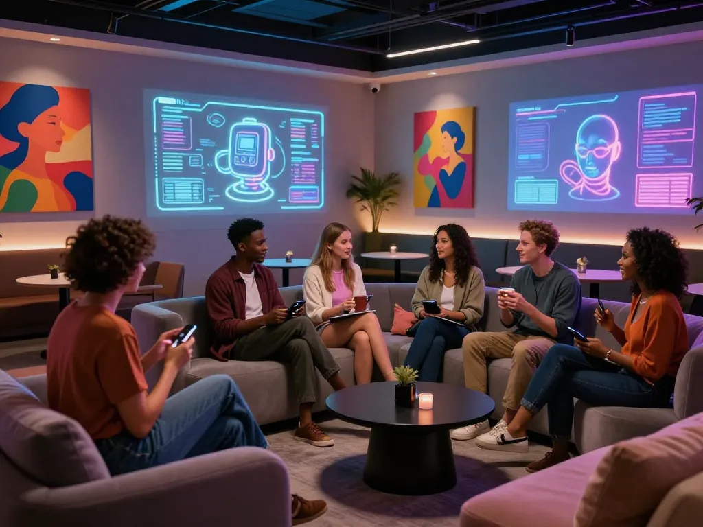 Engagement in AI sex technology discussion with diverse individuals and lifelike companions in a modern lounge setting.