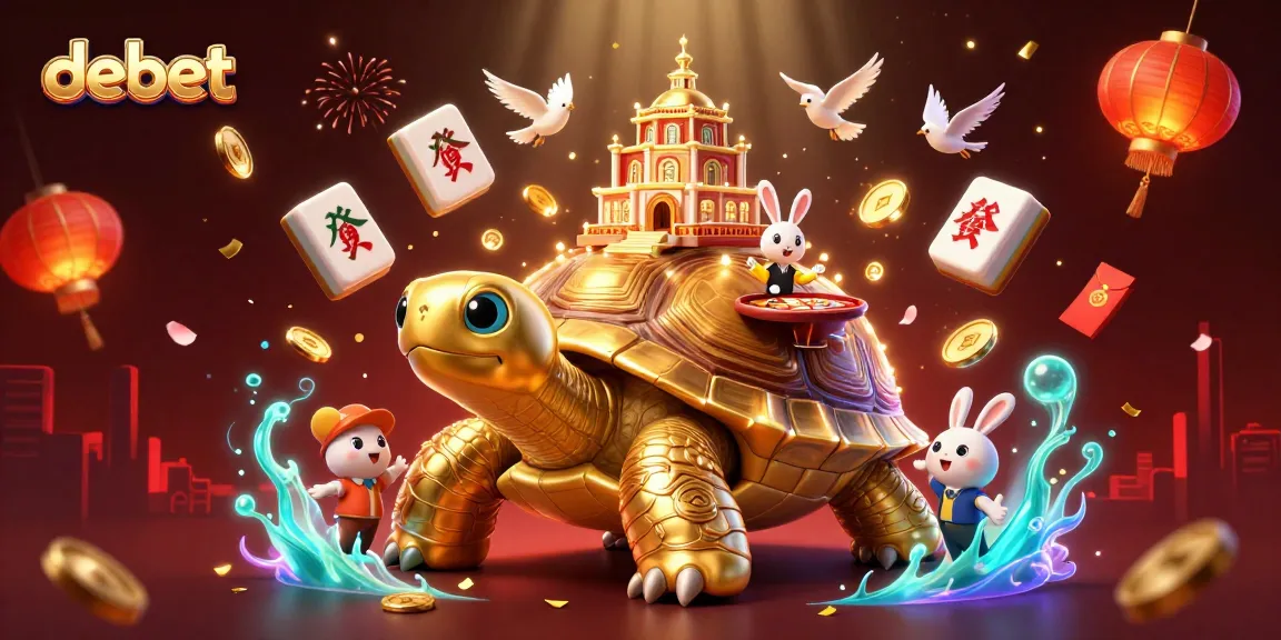 Engage with debet's lively casino scene featuring a golden tortoise and rabbit dealer amidst festive elements.