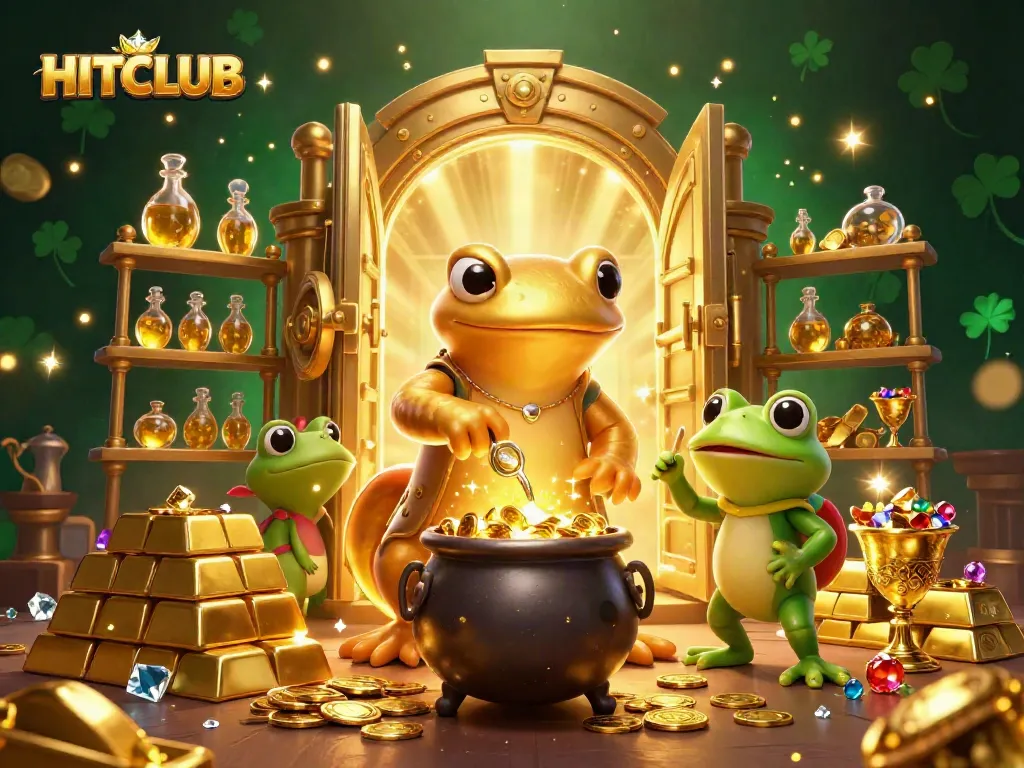 HITCLUB illustrates a magical alchemist scene with gold coins and treasures in a captivating casino atmosphere.
