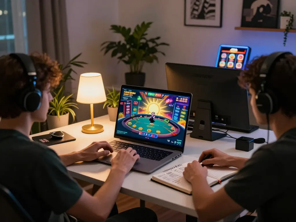 Playing sun win online game on a laptop with vibrant graphics and strategic notes visible.