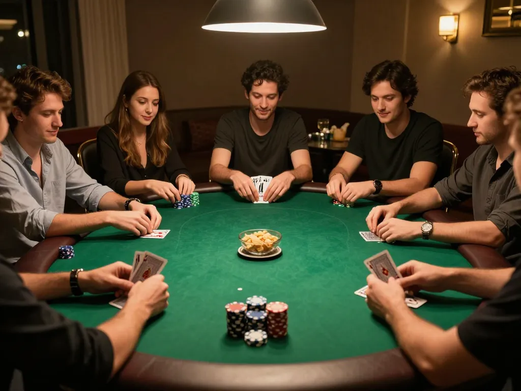 Engage in an exciting poker night with maxpoker88 in a beautifully lit home setting, showcasing strategic gameplay.
