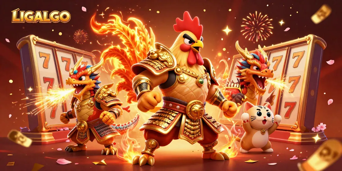 LIGALGO illustrates a dynamic casino scene with a fighting rooster and dragon amidst slot reels and vibrant confetti.
