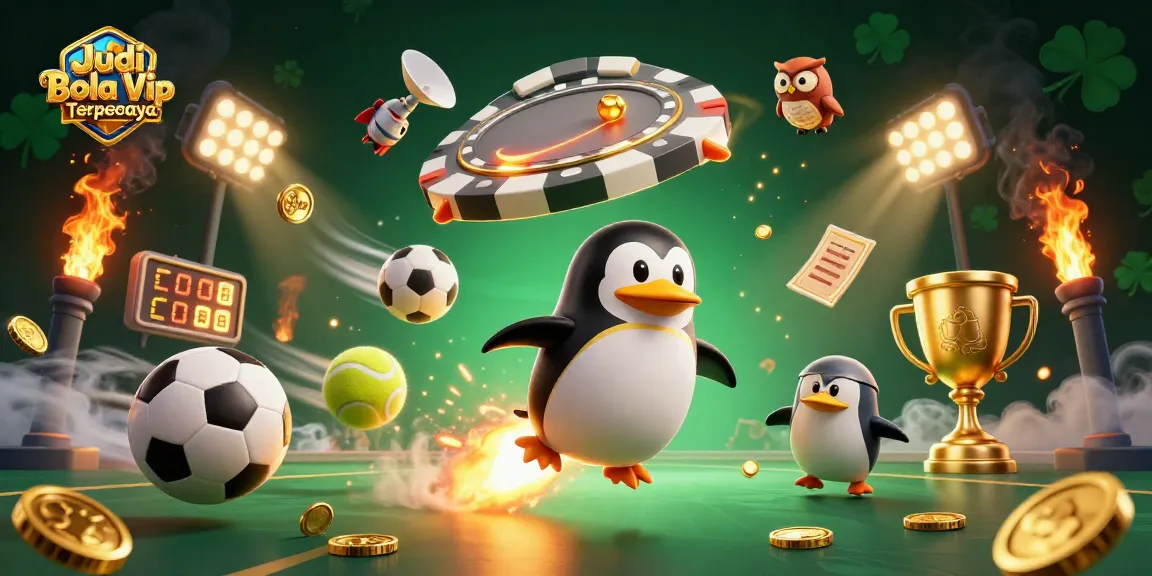 Play Judi Bola Vip Bola88 Terpercaya with dynamic sports elements and a winning penguin in a casino-themed space scene.