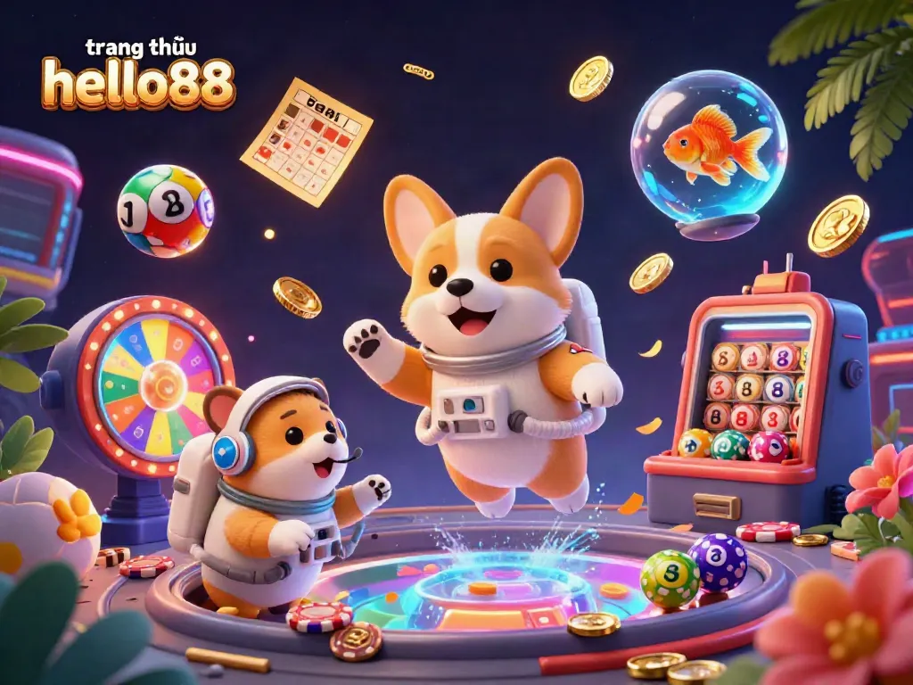 Experience the exciting world of trang chủ hello88 with a floating astronaut corgi and casino elements.