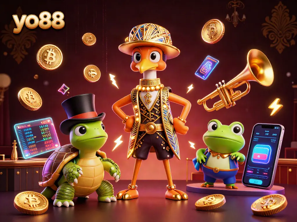 Experience thrilling games at yo88 with a vibrant 3D illustration showcasing energetic characters and crypto elements.