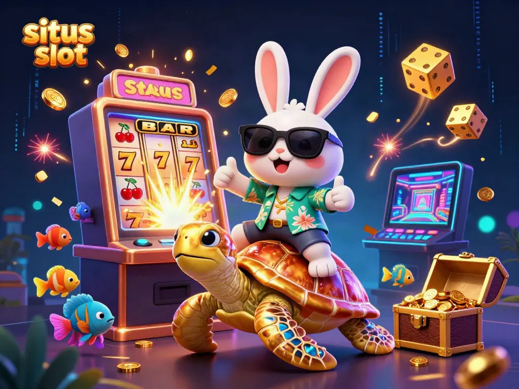 Experience situs slot excitement with a lucky rabbit and golden turtle amid vibrant casino elements.