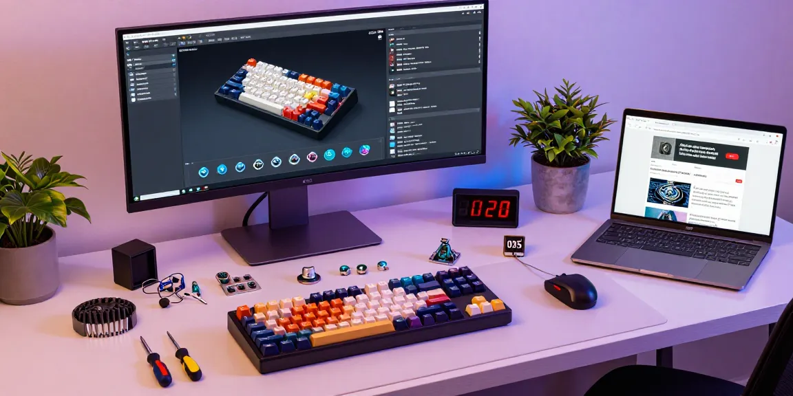 Assembling a custom keyboard setup with Hall Effect switches, showcasing vibrant keycap collections and tools.