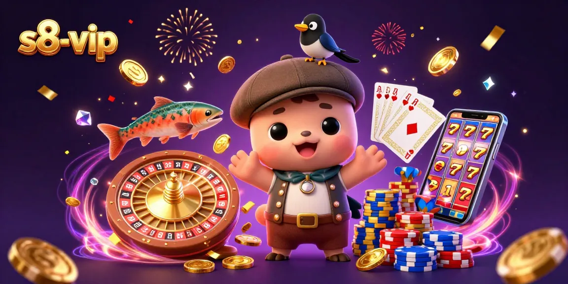 Play and win at s8-vip with a vibrant scene featuring charming characters and exciting casino elements.