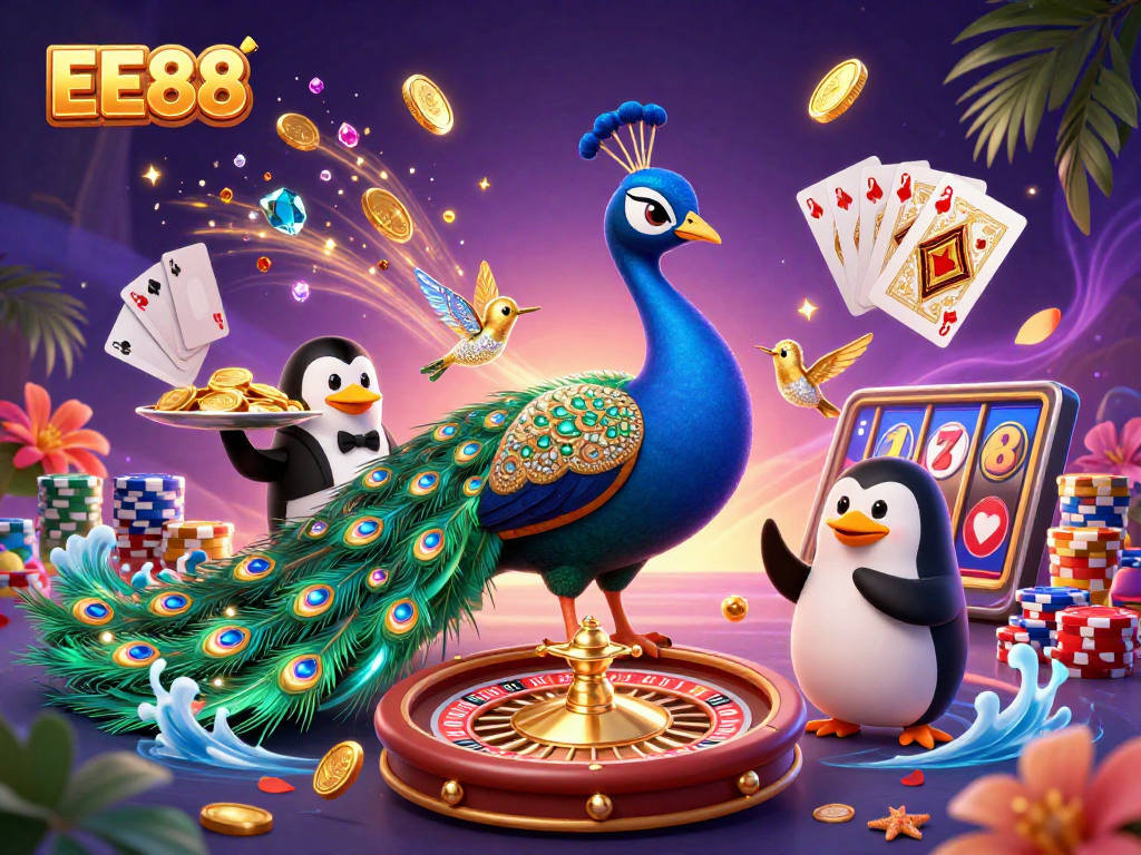 Engage with the vibrant EE88 casino experience featuring a peacock and a penguin animatedly showcasing golden treasures.
