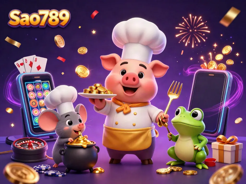 Sao789 showcases a vibrant casino scene with a pig chef, a sous-chef mouse, and a frog critic amidst festive gambling elements.