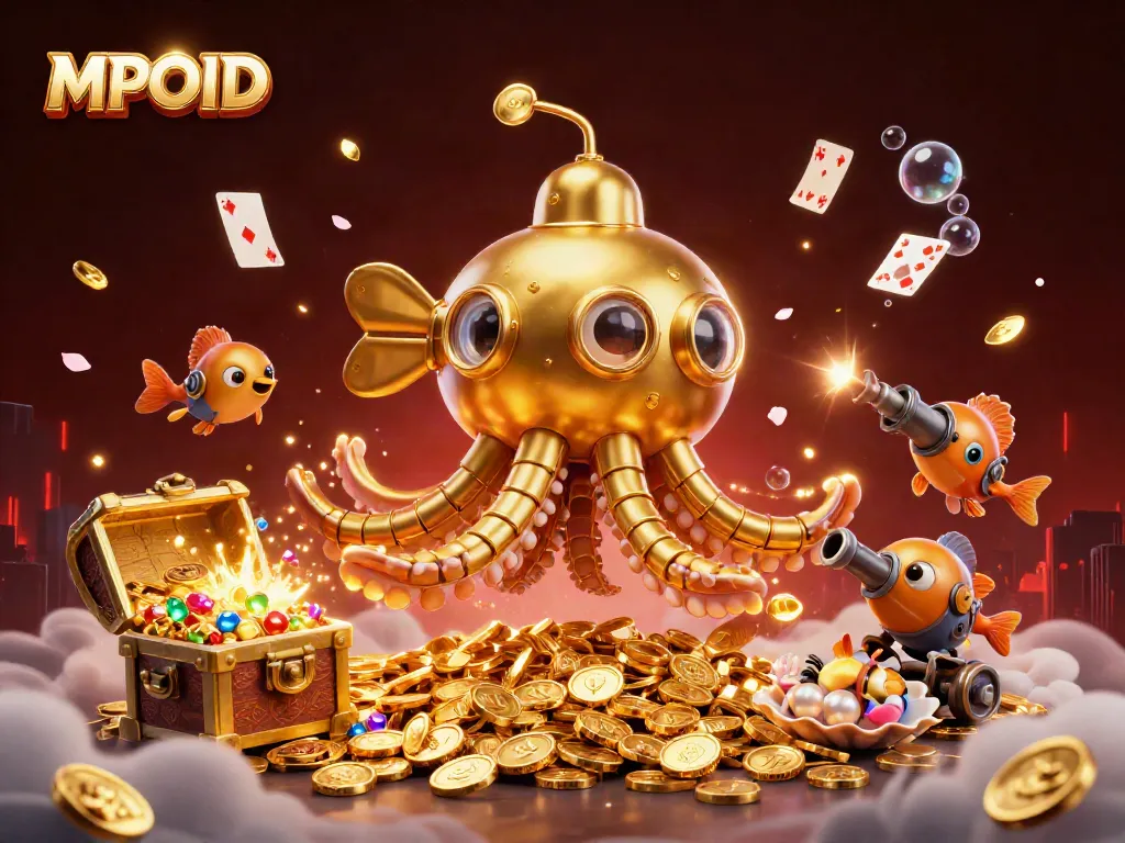 MPOID features a golden kraken submarine amidst gold coins and dynamic casino elements in an engaging underwater adventure.