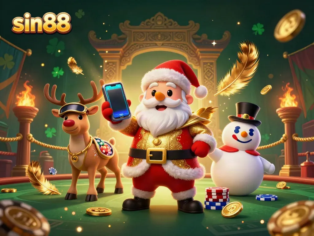 Santa Claus plays jackpot slots at sin88, surrounded by festive casino elements and vibrant particles.