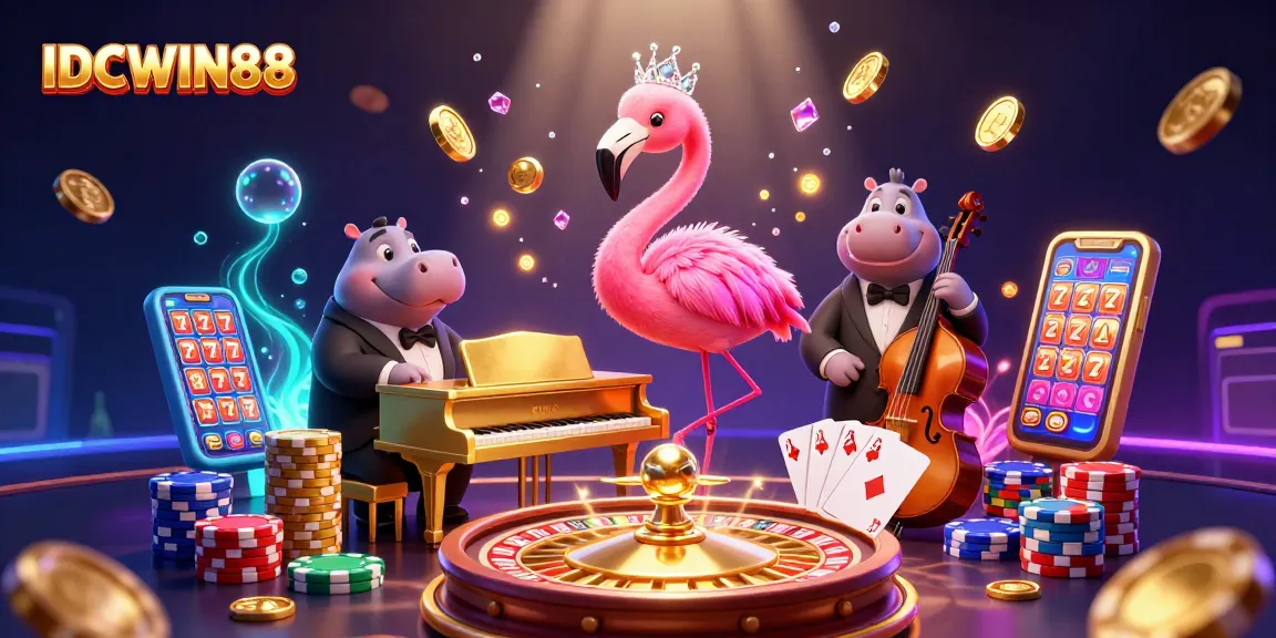 Experience thrilling games with IDCWIN88, showcasing vibrant casino characters and dazzling rewards.