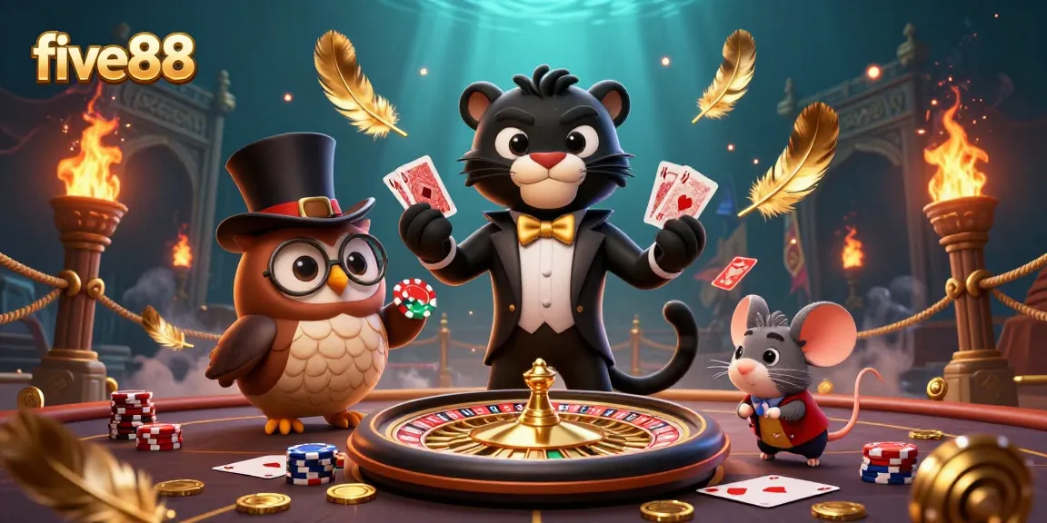 Experience the vibrant five88 casino scene featuring an elegant panther dealer with poker chips and cards.