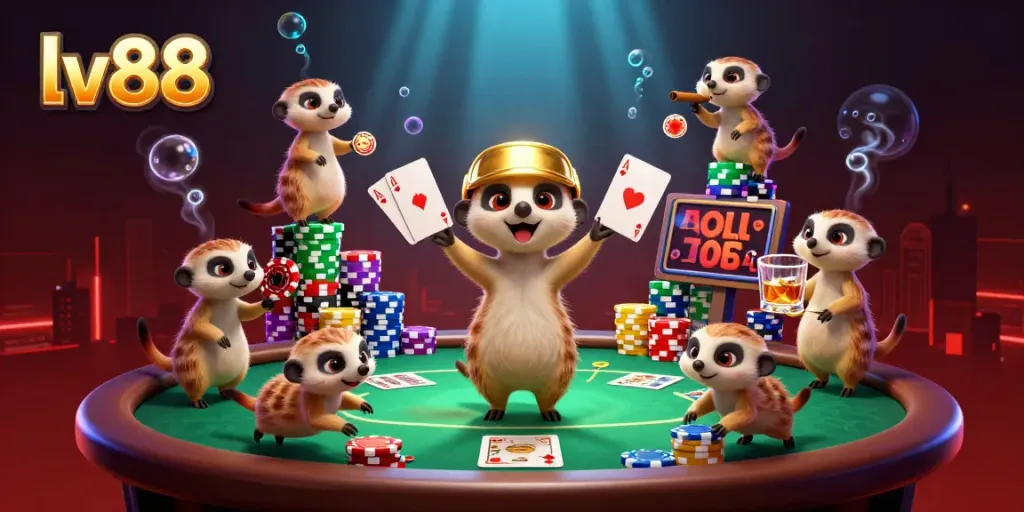 Meerkats manage an online casino scene for lv88 with lively gaming action and colorful chips.