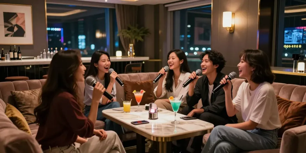 강남 세이렌의 고급스러운 노래방 내부에서 친구들이 즐겁게 노래 부르는 장면