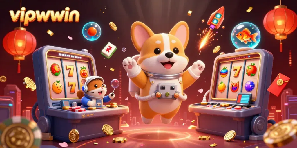 Experience the exhilarating action at vipwwin with a 3D cartoon astronaut corgi in a vibrant casino scene amidst drifting poker chips and gold coins.