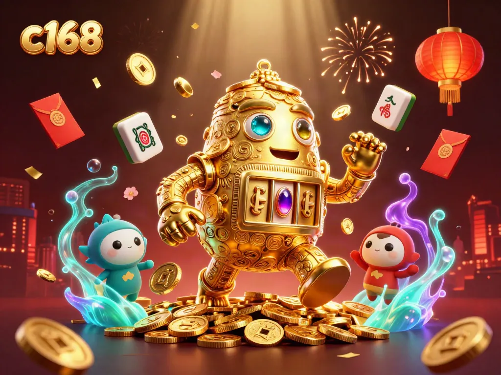 Experience thrilling gameplay with c168's dynamic 3D casino scene featuring a golden golem and festive elements.