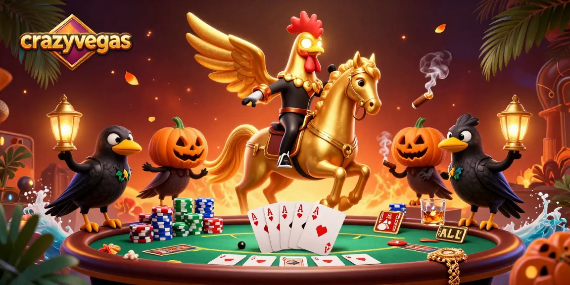 Experience thrilling action at crazyvegas with a golden rooster and poker elements in a dynamic casino scene.