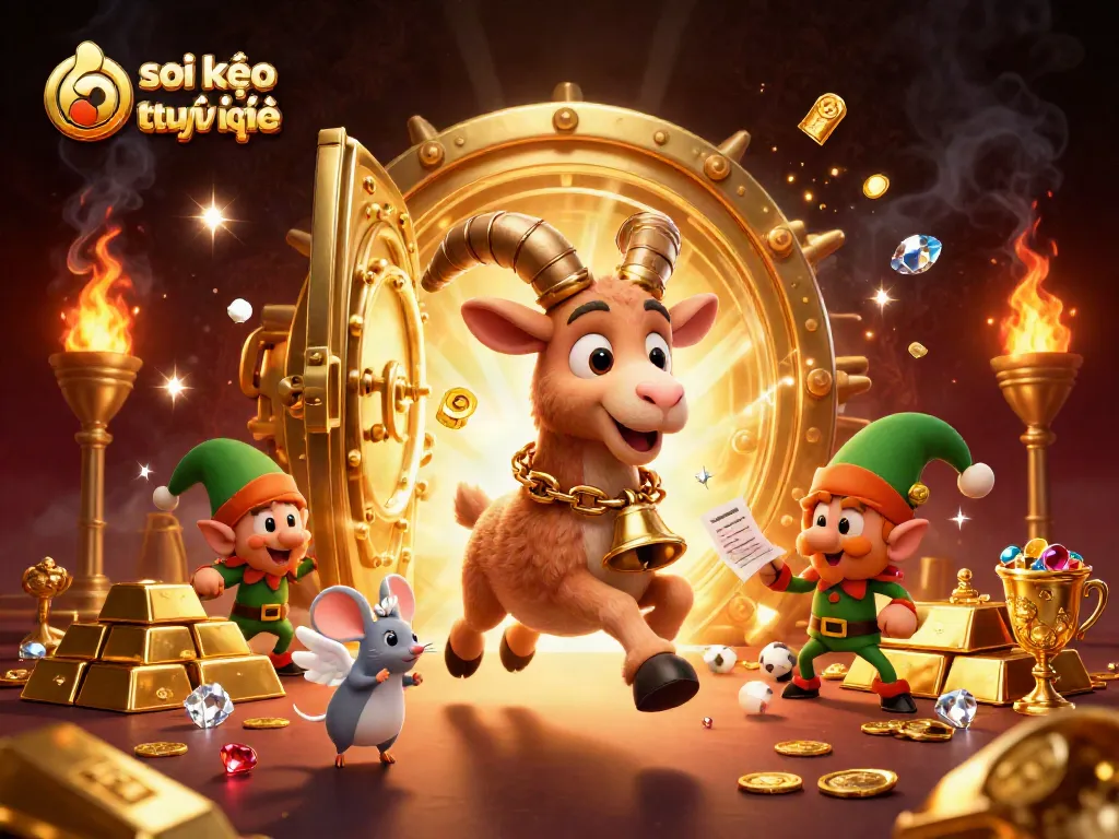 Soi kèo bóng đá trực tuyến hấp dẫn với Krampus trong casino thể thao, ánh sáng vàng lấp lánh.