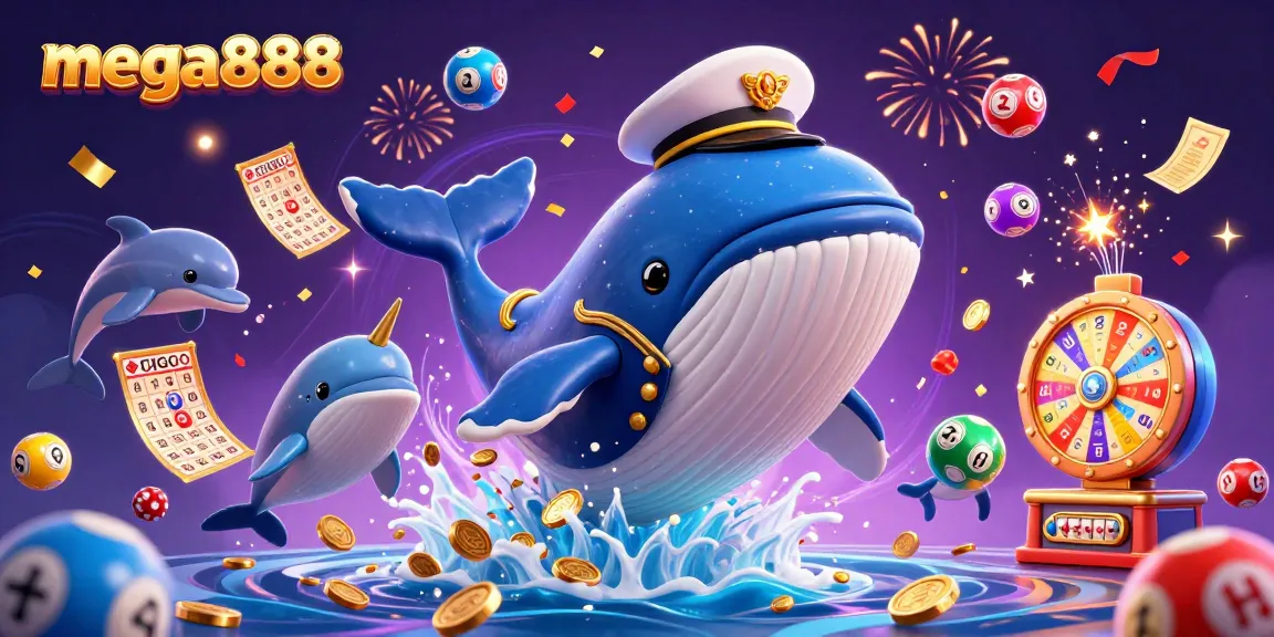 Experience mega888 excitement with a vibrant scene featuring whales, dolphins, and dynamic casino elements.