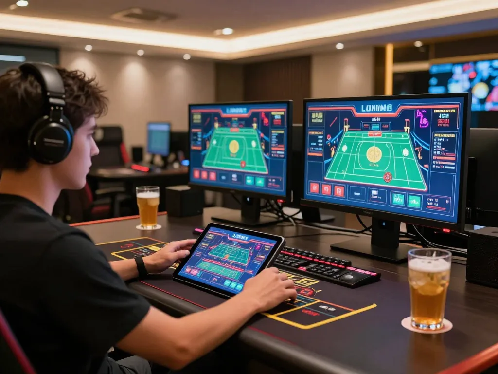 Engaging in an exciting online casino game at home, featuring abc8go tablet interface and gaming setup.