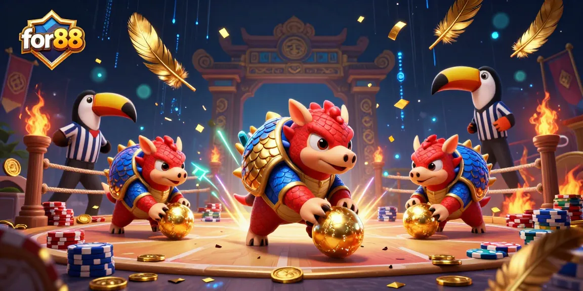 Experience the excitement of for88 with rival pangolins bowling through poker chips in a dynamic casino scene.