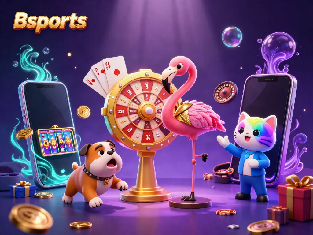 Bsports dynamic illustration with a flamingo game show host, excited bulldog contestant, and a cat assistant revealing prizes in a vibrant casino setting.