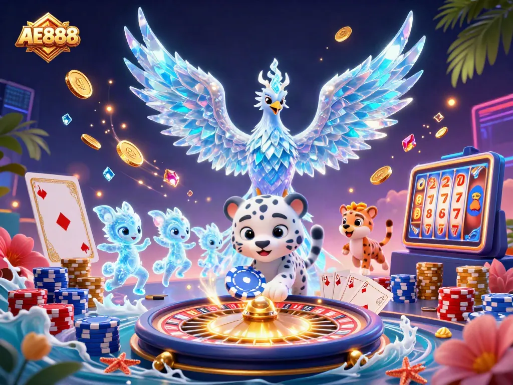 Play at AE888 and enjoy vibrant gaming with an ice phoenix, poker chip, and dazzling elements.