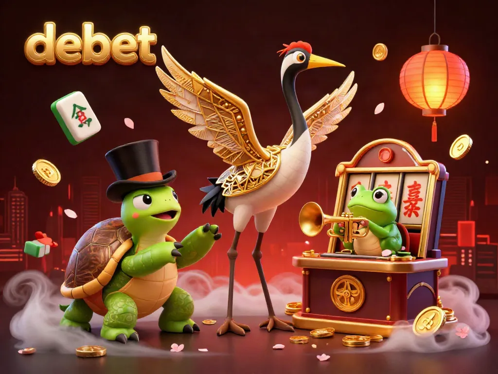 Experience debet's vibrant online casino atmosphere with a lively 3D scene of cartoon characters and gambling elements.