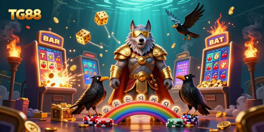 Experience the excitement of TG88 with a vibrant depiction of fantasy and casino culture, featuring Odin and ravens.