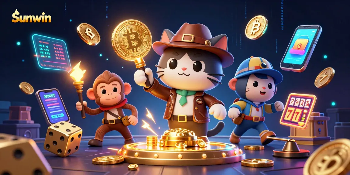 Sunwin showcases a cat explorer uncovering a golden casino artifact amid slot reels and crypto coins.