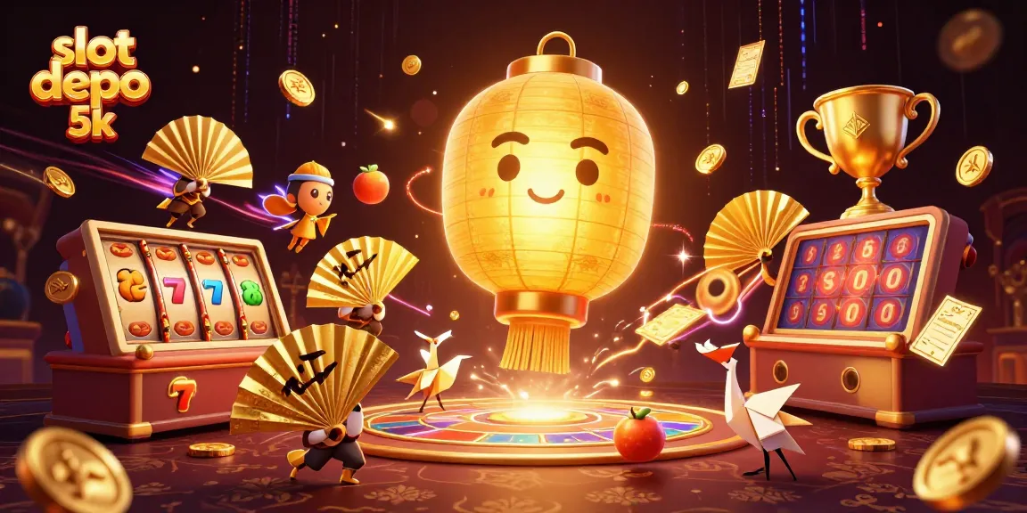 Win jackpots at slot depo 5k with golden lantern spirit and slot elements floating in a vibrant 3D illustration.