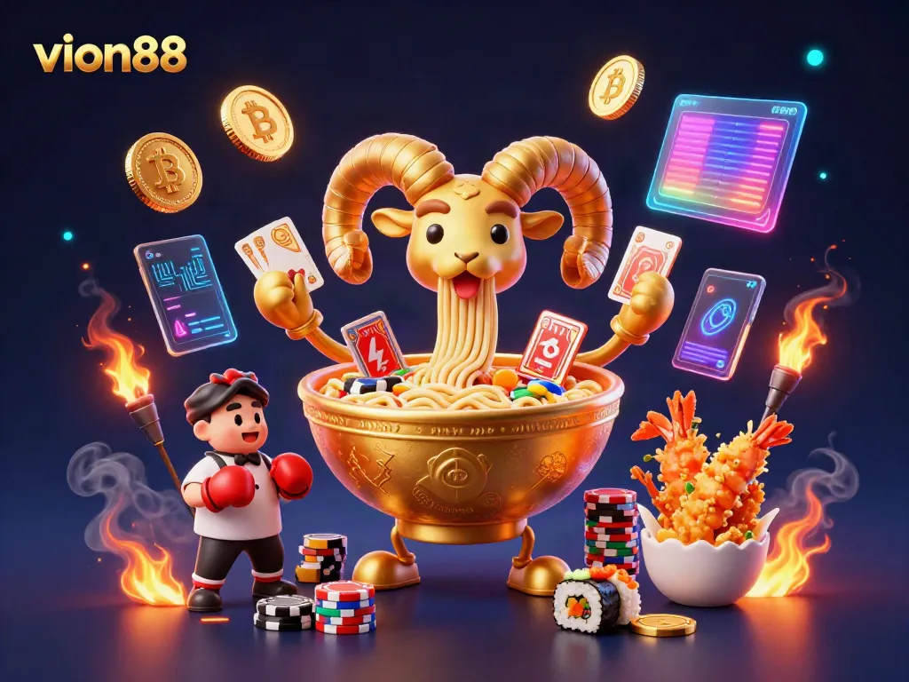 Engage in thrilling action at vion88 with a giant golden ramen bowl character dealing cards and surrounded by vibrant crypto elements.
