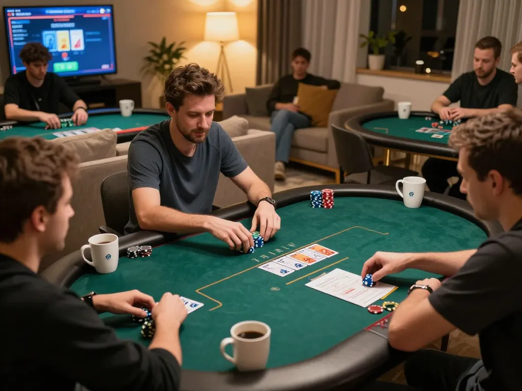 Players at home enjoying an exciting MM88 online poker game, showcasing competitive atmosphere and strategy.