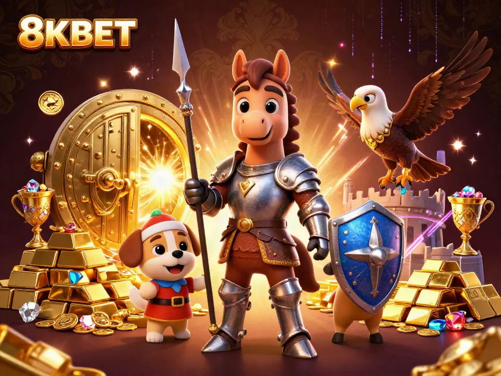 Experience the thrill of 8KBET casino gaming with knights and treasure in a vibrant 3D fantasy setting.
