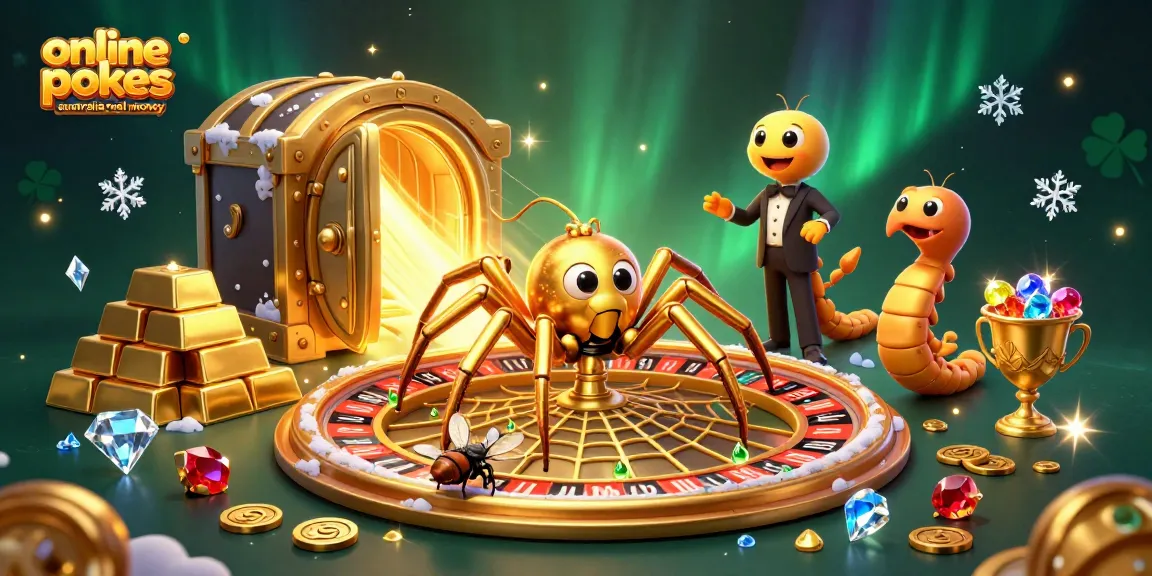 Spin to win with online pokies Australia real money, featuring a golden spider and vibrant casino elements.