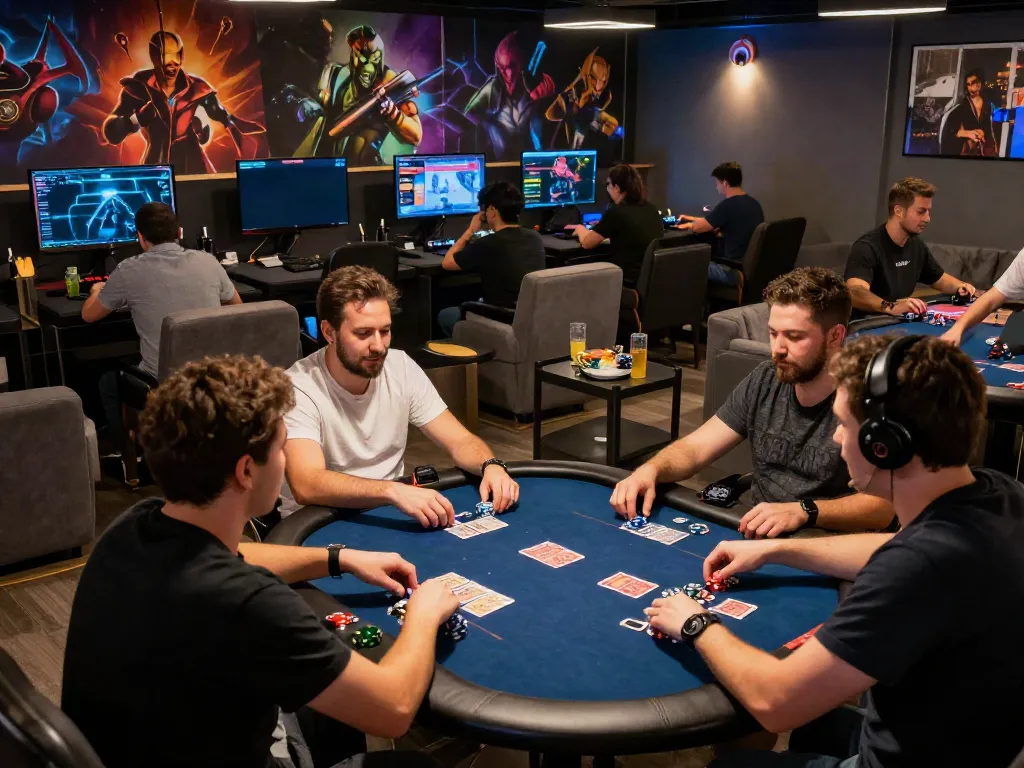 Men enjoying gaming sessions at Manclub entertainment lounge surrounded by vibrant decor.