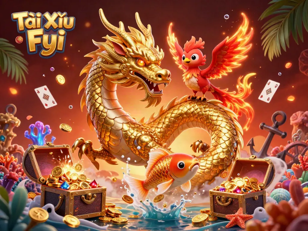 Tài Xỉu Fyi showcases a vibrant 3D casino scene with a golden dragon, red phoenix, and koi fish amidst exploding treasure.