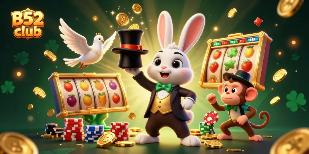 Experience the thrill at B52 club with a dazzling illustration of a magician rabbit and lively casino elements.