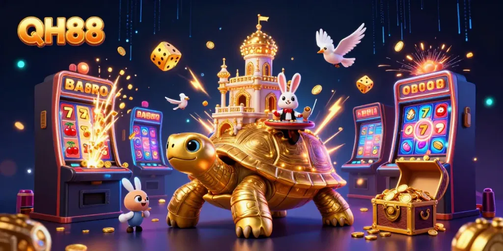 Experience thrilling gameplay at QH88 with a vibrant casino-themed illustration featuring a golden tortoise and a rabbit dealer.