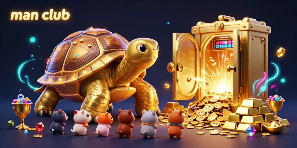 Engage in the man club with vibrant 3D illustration featuring a golden tortoise and shining treasures in a casino.