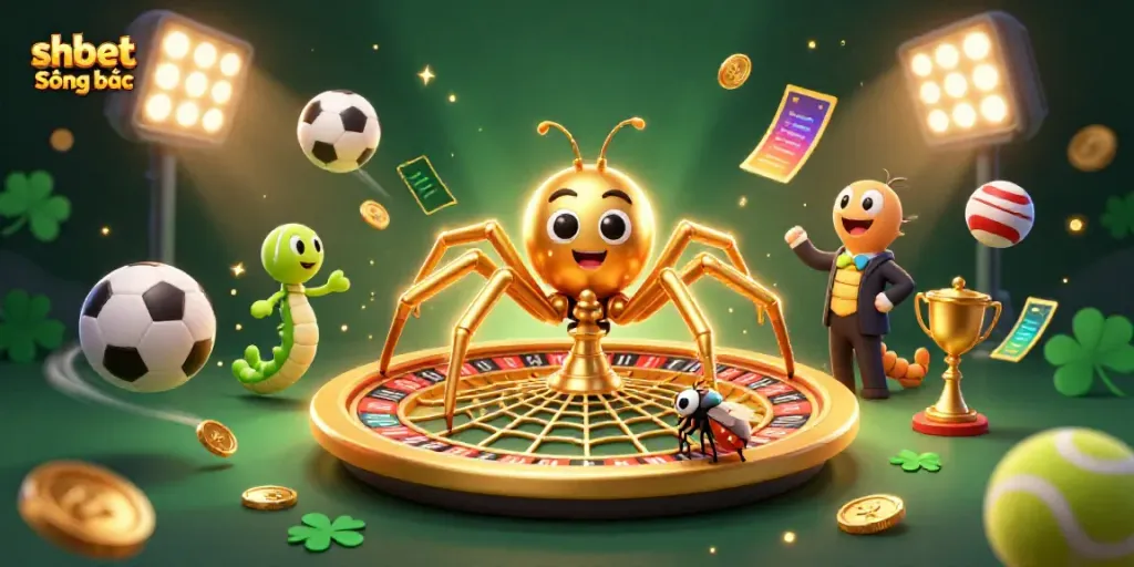 Experience shbet Sòng bạc with a cartoonish golden spider spinning a roulette wheel web in a lively casino scene.