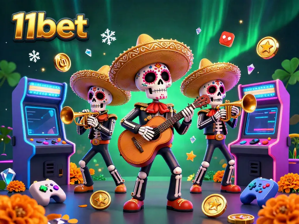 11bet players enjoying vibrant casino gaming with a mariachi band, glowing arcade machines, and colorful scenes.