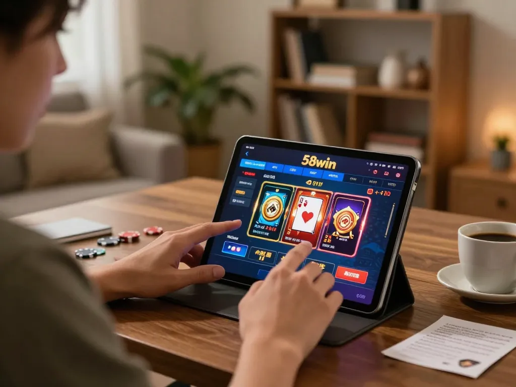 Engaging online gambling scene showcasing a player exploring the 58wiin casino interface on a tablet in a cozy home setup.