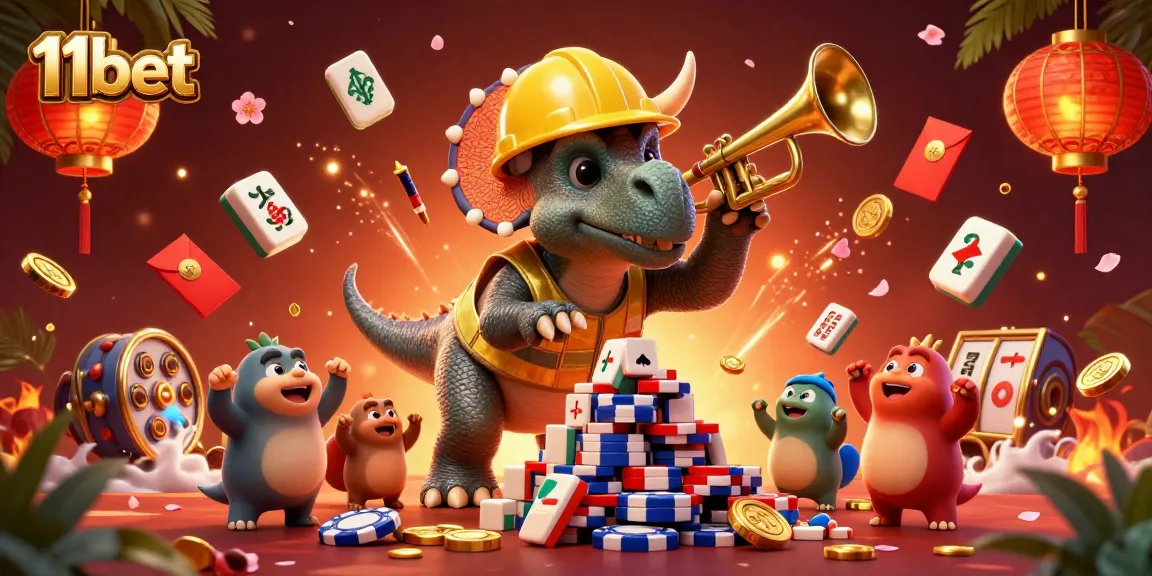 Engage with 11bet's vibrant casino scene featuring a triceratops and celebratory elements.