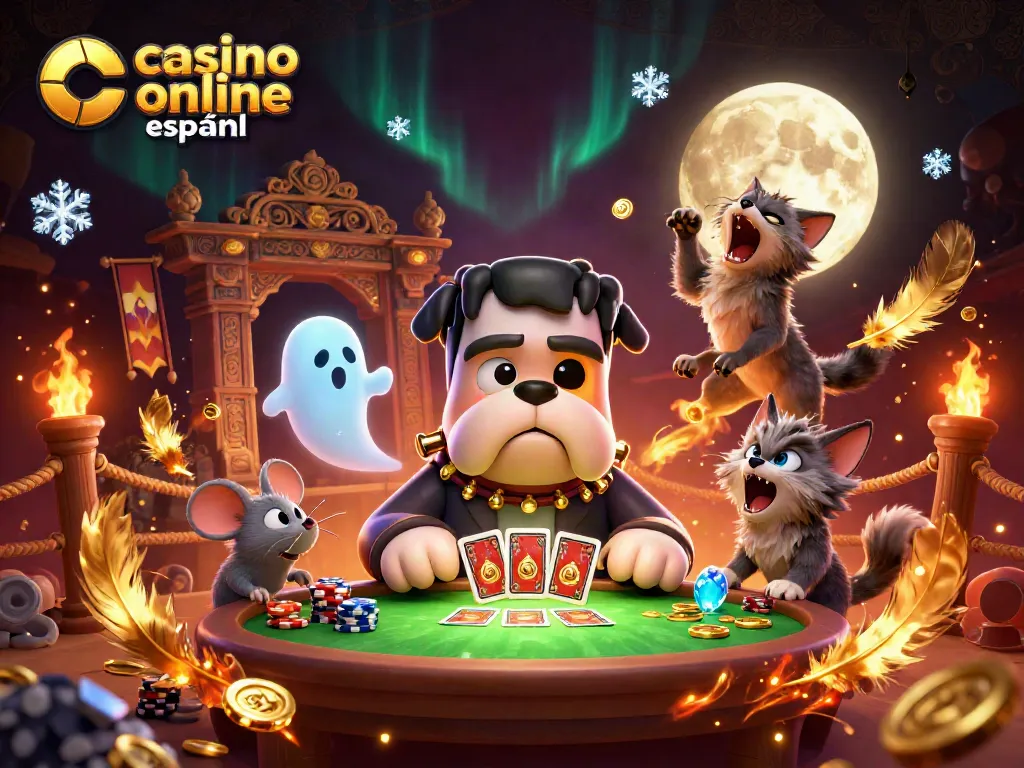Juega con el mejor casino online español mientras cartas vuelan alrededor de un bulldog Frankenstein en una tabla encantada.